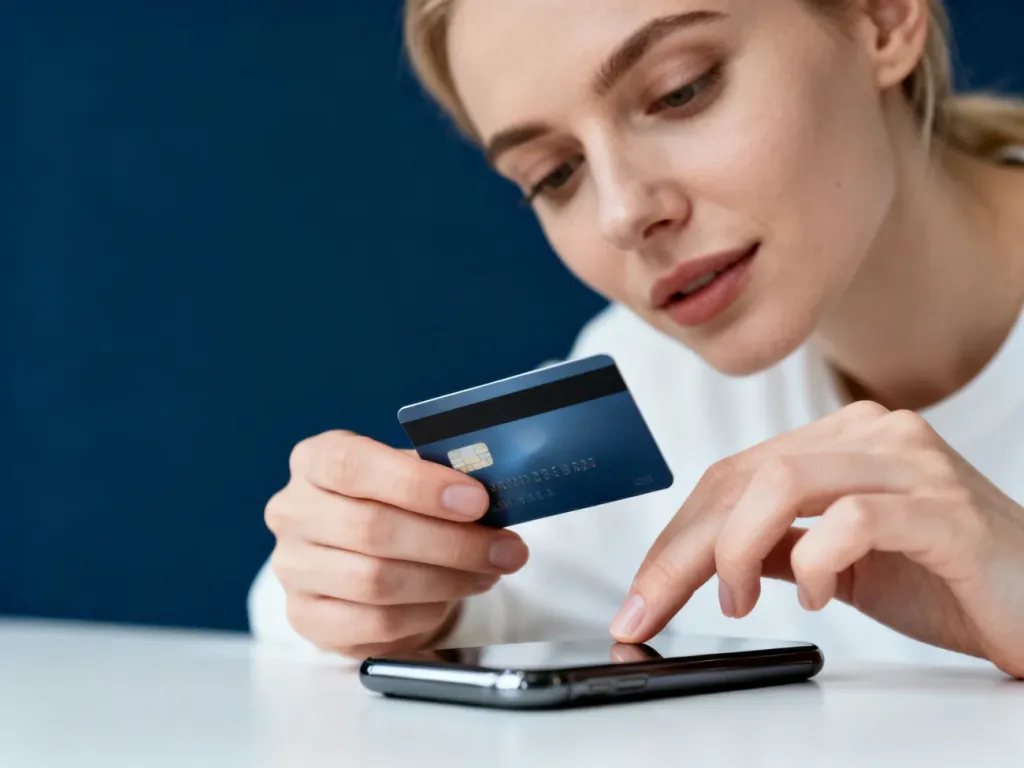 Kobieta trzymająca kartę płatniczą przy smartfonie, ilustrująca proces aktywacji PIN-u w aplikacji bankowej.