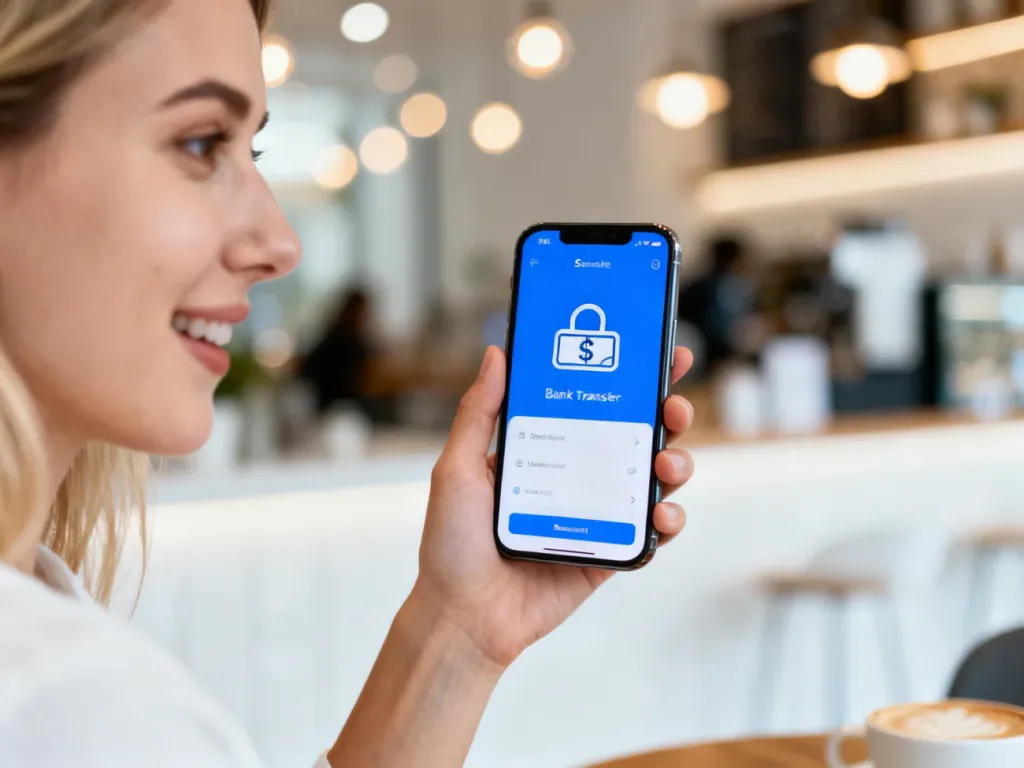 Kobieta trzymająca smartfon z otwartą aplikacją bankową, symbolizującą bezpieczne wykonywanie przelewu na telefon.