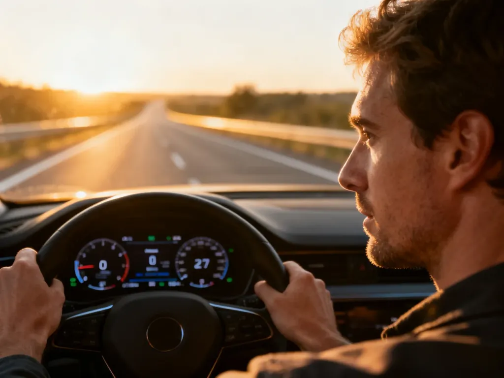 Kierowca obserwujący wskaźniki na desce rozdzielczej samochodu podczas jazdy słoneczną autostradą.