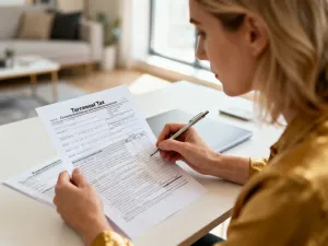 Zamyślony mężczyzna w biurze analizujący dokumenty finansowe, co ilustruje proces rozliczeń i spraw urzędowych.